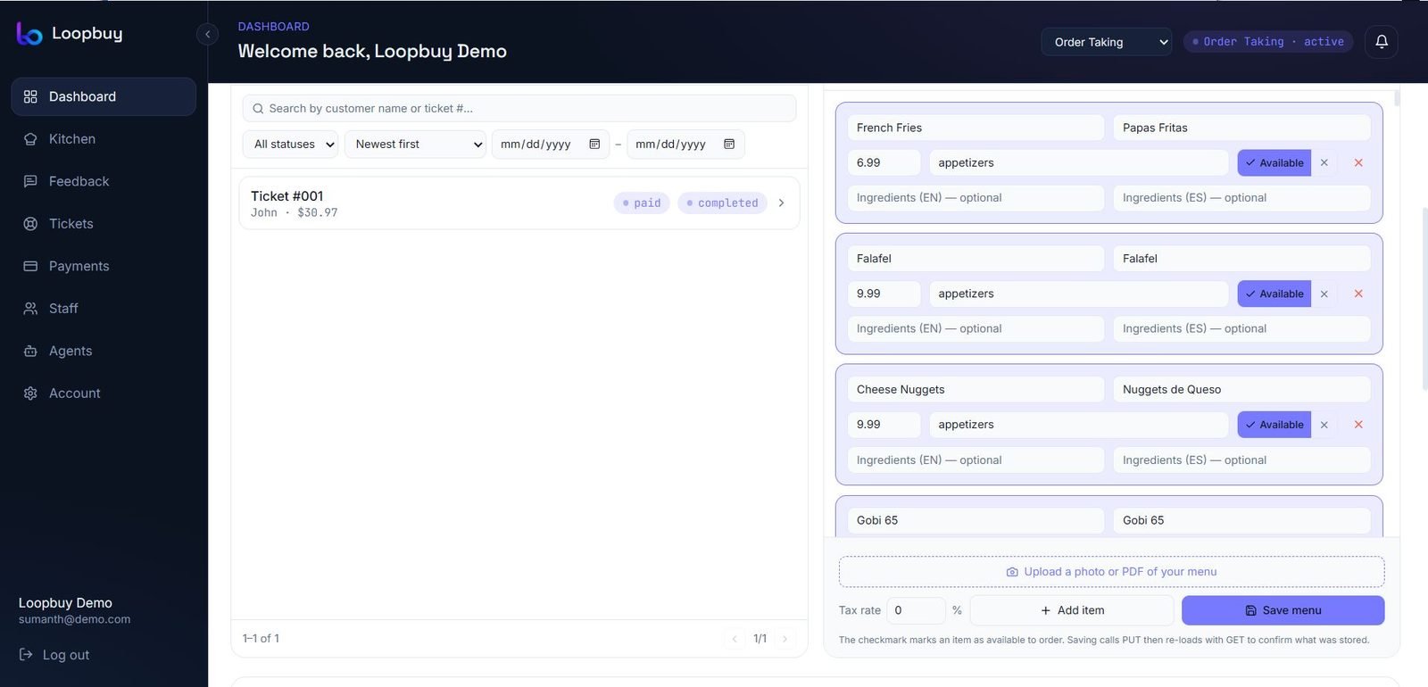 Loopbuy menu editor showing items with English and Spanish names, prices, and availability